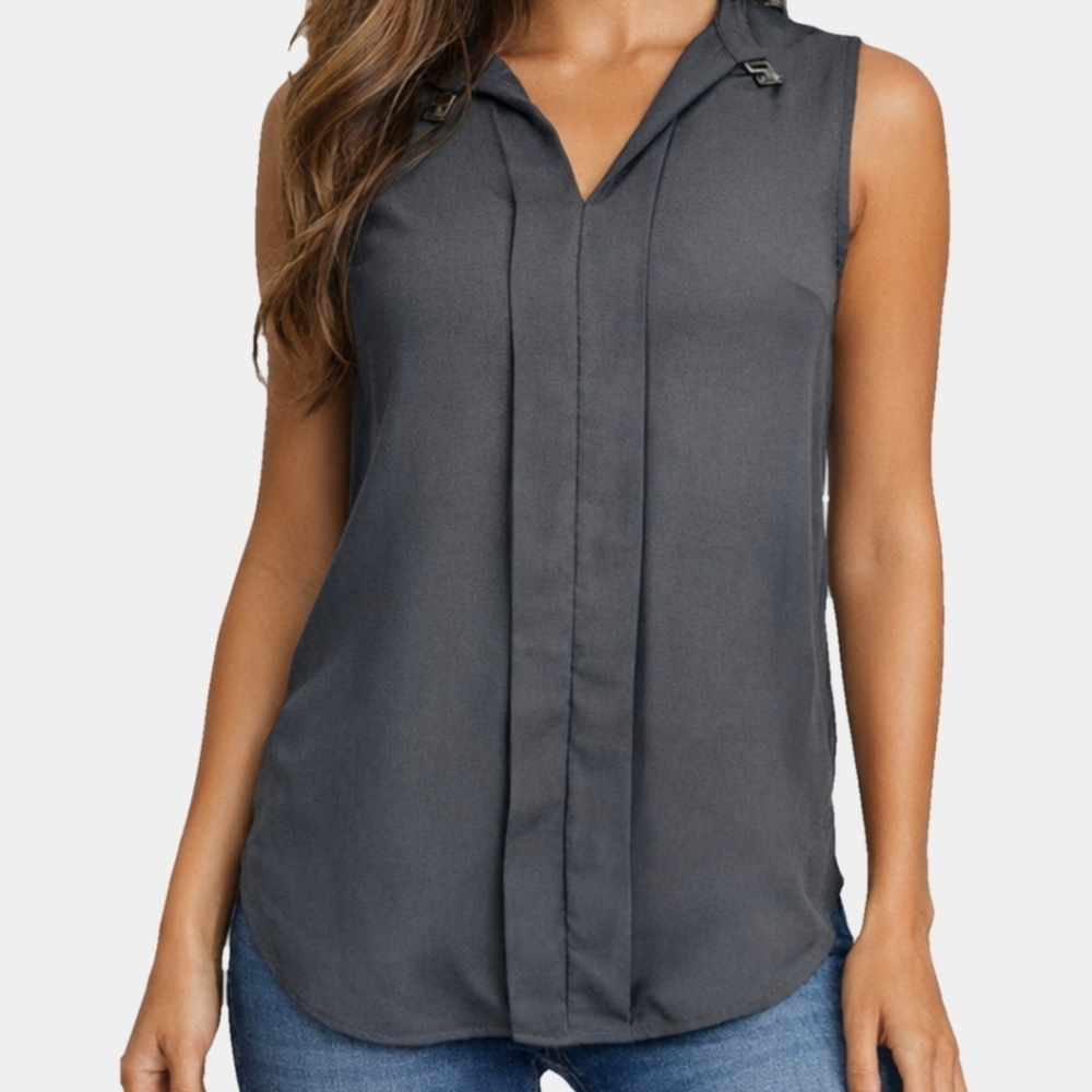 H & M Sleeveless V-Neck Pleated Charcoal Gray Tunic Size 4